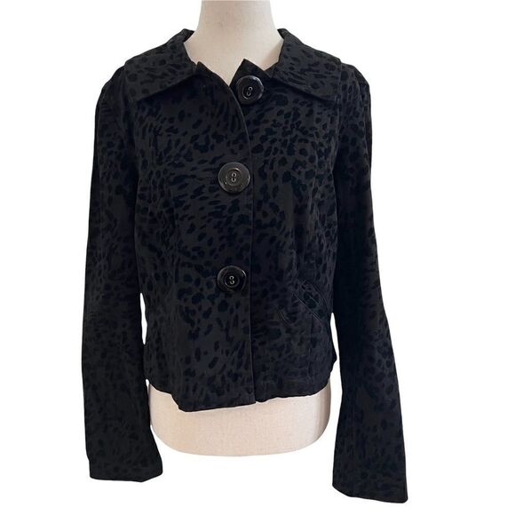 Vintage Bamboo Traders Black Flocked Velvet Cheetah Print Jacket Large Buttons M - Picture 1 of 7